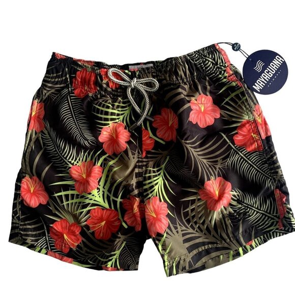 Mayaguana Honolulu Boys Youth Swim Trunks NEW SZ XS (8/10?) Black Red Floral - Picture 1 of 11